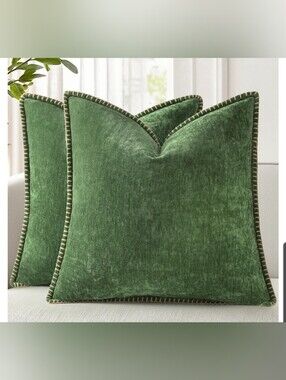 Plush Green Velvet Accent Pillow Covers with Contrast Whipstitch 18x18